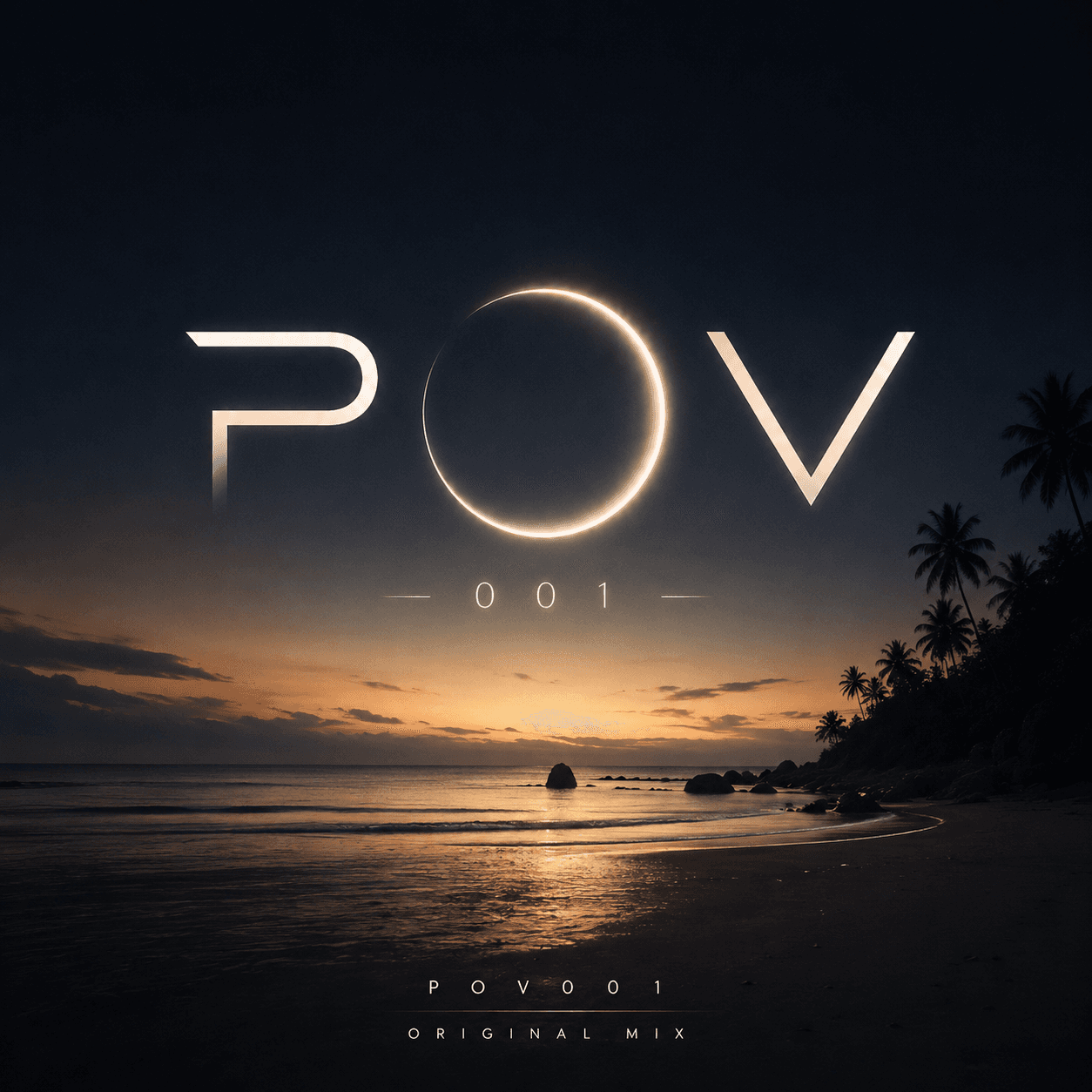POV001 artwork: an eclipse over a warm coastline at dusk